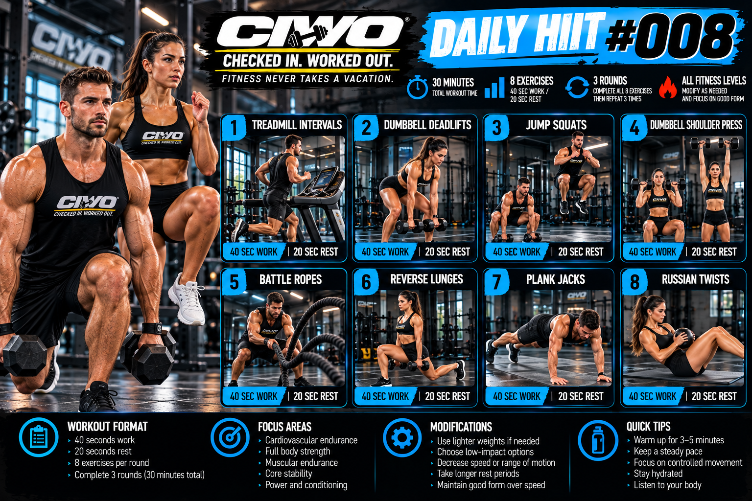 CIWO Daily HIIT 008 workout infographic featuring human athletes demonstrating eight gym and bodyweight movements