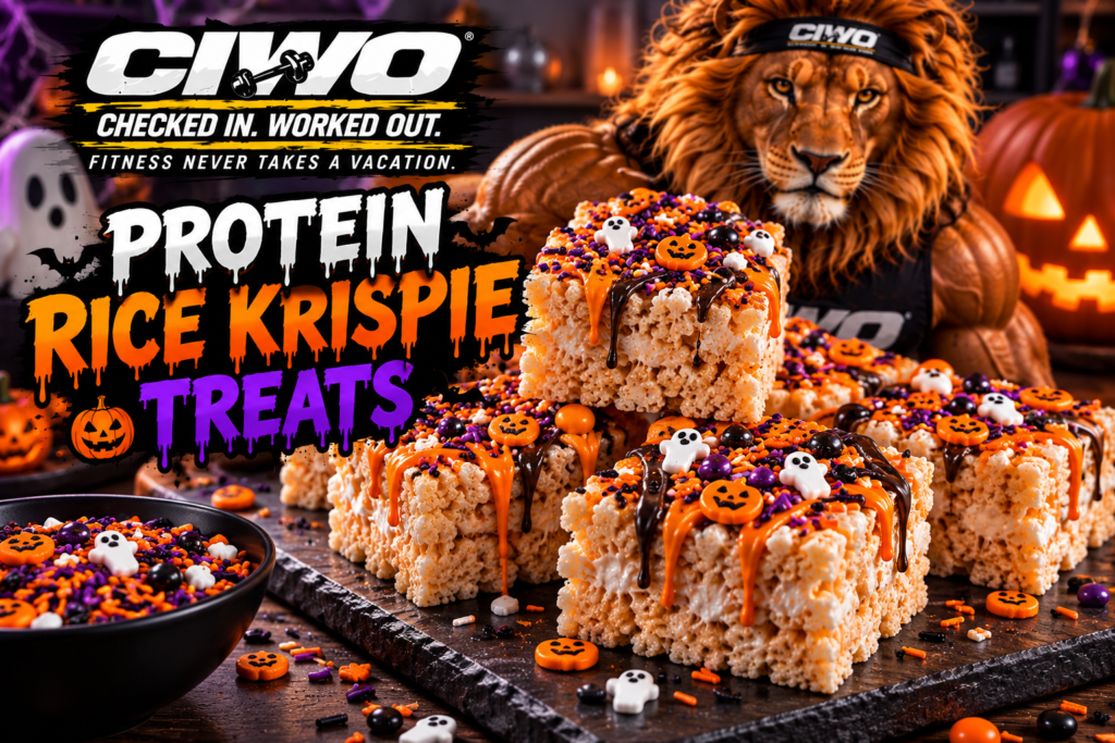 CIWO Halloween Protein Rice Krispie Treats with crispy rice cereal bars and festive decorations