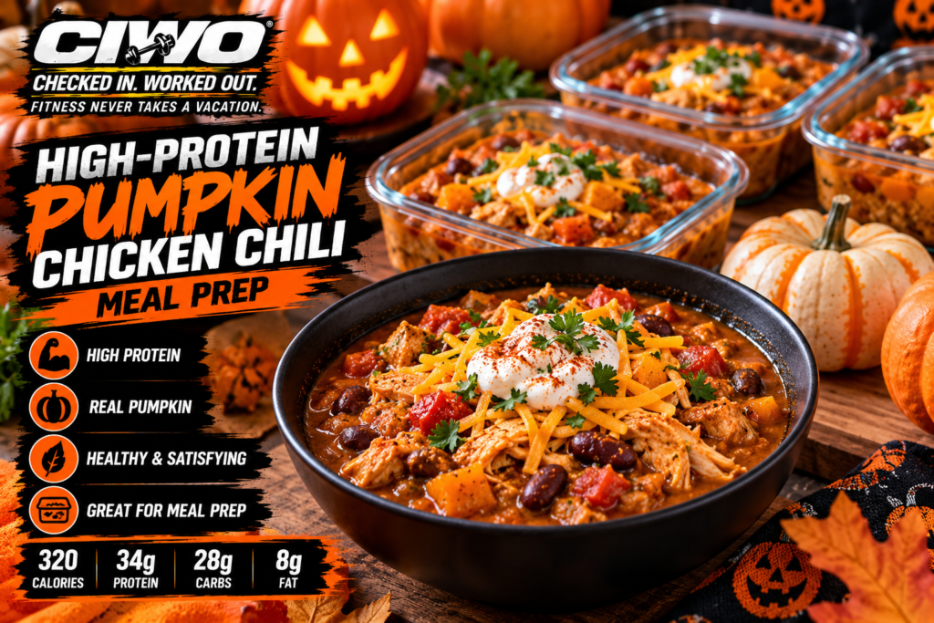 CIWO Halloween themed High-Protein Pumpkin Chicken Chili meal prep with real pumpkin and autumn decorations