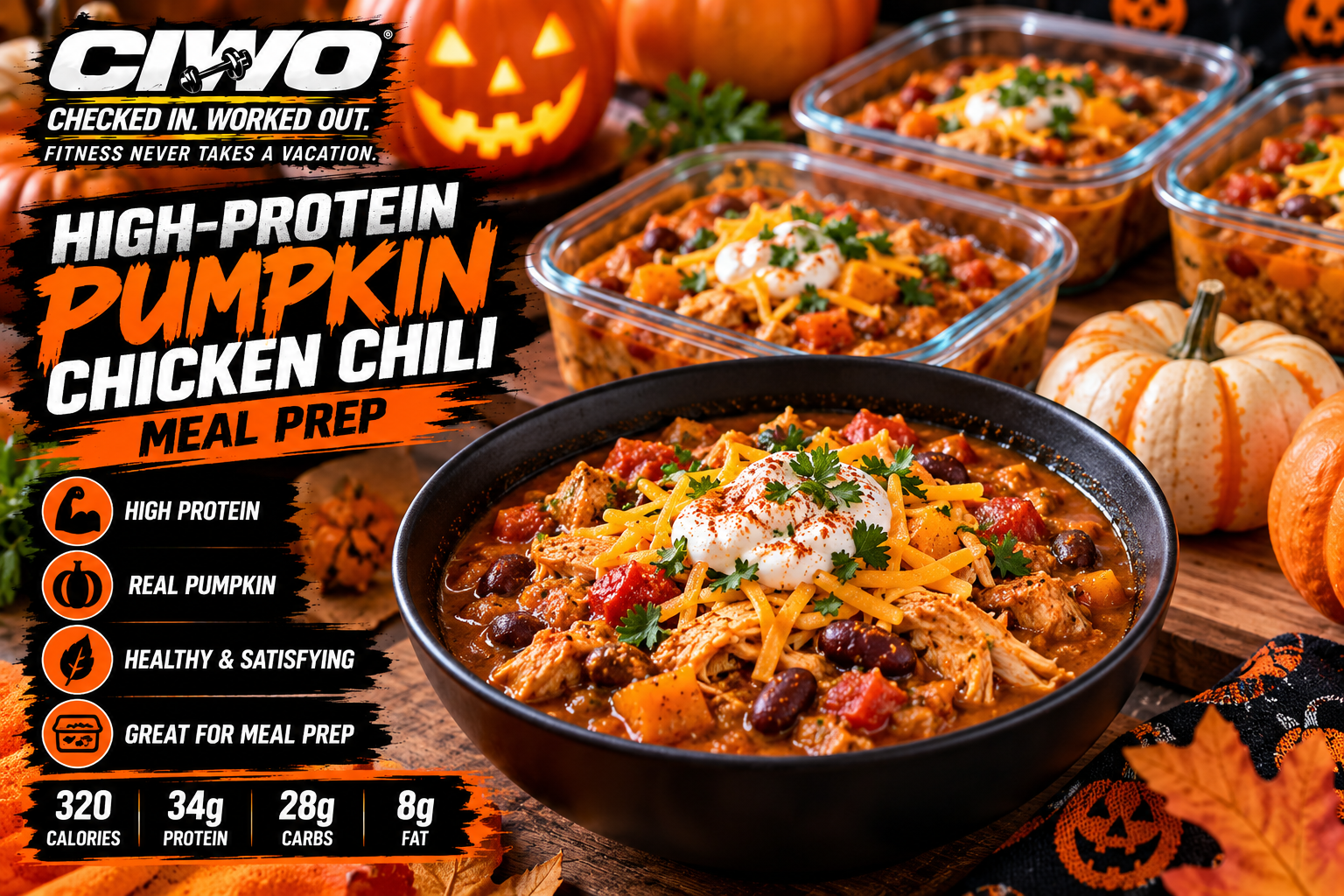 CIWO Halloween themed High-Protein Pumpkin Chicken Chili meal prep with real pumpkin and autumn decorations