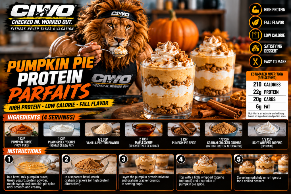 CIWO branded Pumpkin Pie Protein Parfaits with pumpkin, Greek yogurt, protein powder and graham cracker layers