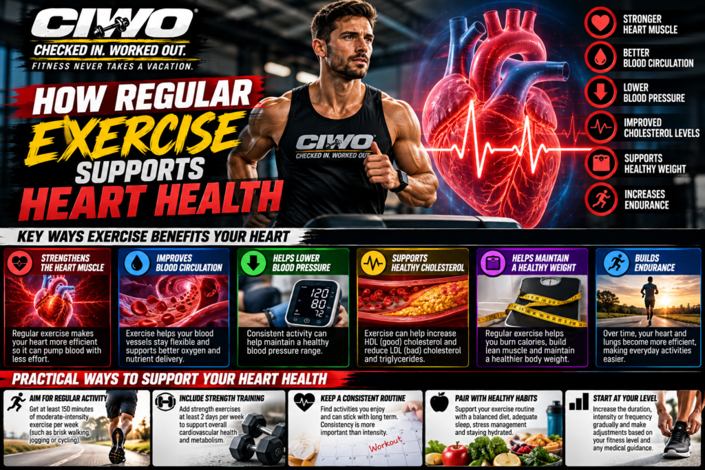 CIWO branded human athlete infographic explaining how regular exercise supports heart health