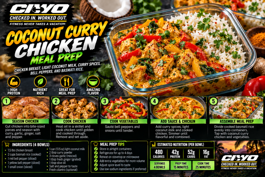 CIWO branded coconut curry chicken meal prep with bell peppers and basmati rice, four serving recipe infographic