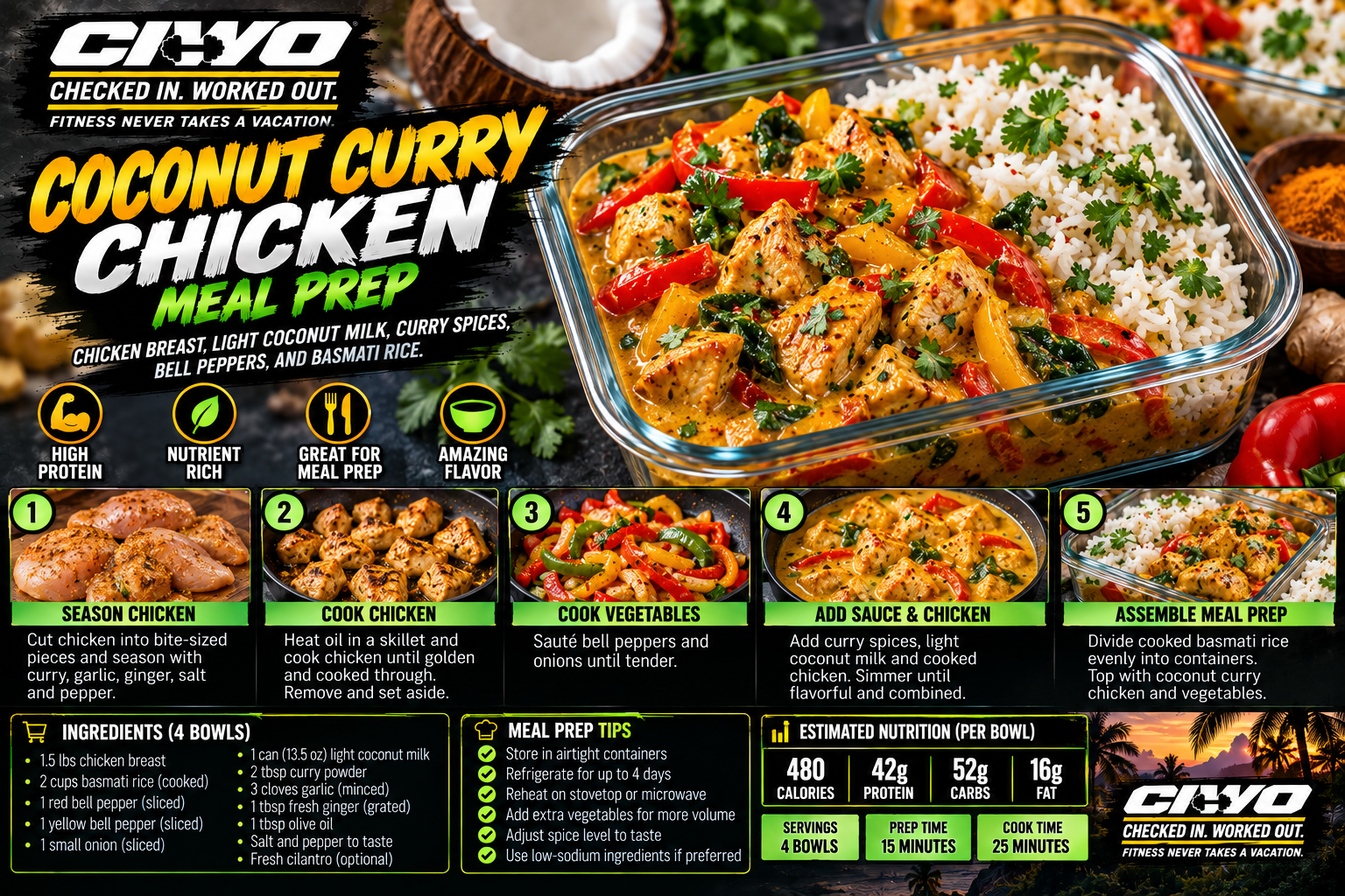 CIWO branded coconut curry chicken meal prep with bell peppers and basmati rice, four serving recipe infographic