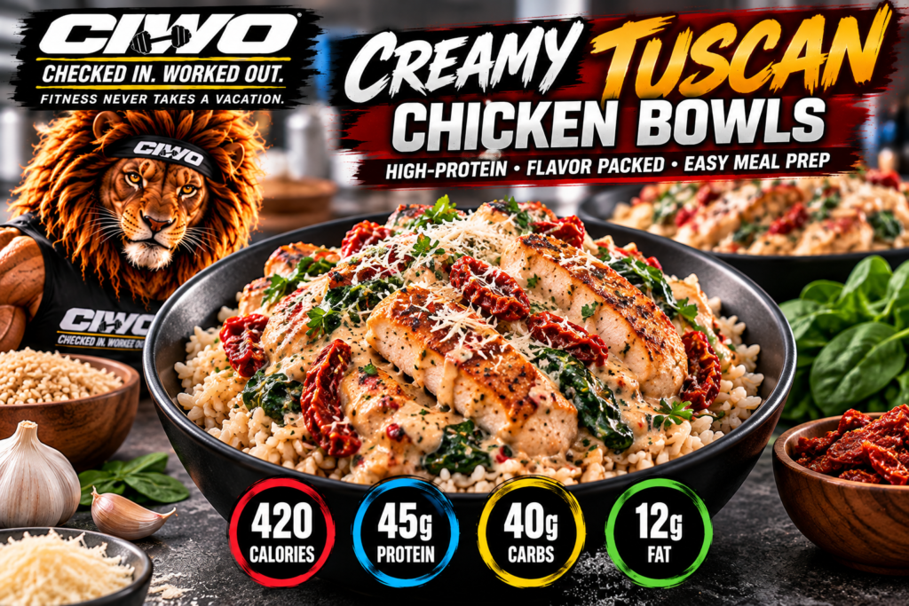 CIWO branded Creamy Tuscan Chicken Bowls with chicken, spinach, sun-dried tomatoes and brown rice