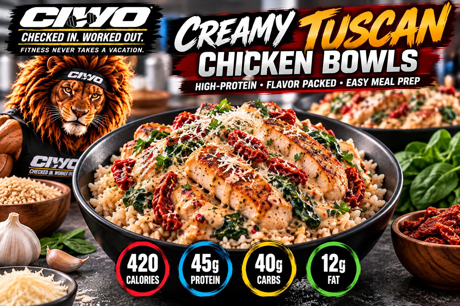 CIWO branded Creamy Tuscan Chicken Bowls with chicken, spinach, sun-dried tomatoes and brown rice
