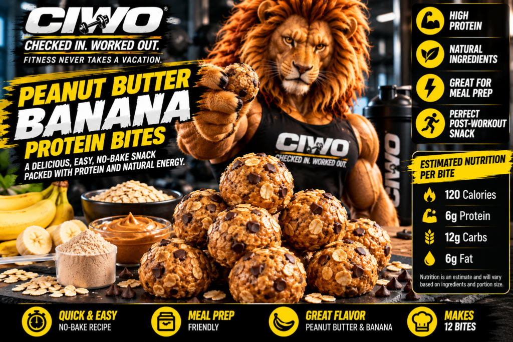 CIWO branded Peanut Butter Banana Protein Bites featuring RIPP the Lion, finished protein bites, ingredients and estimated nutrition
