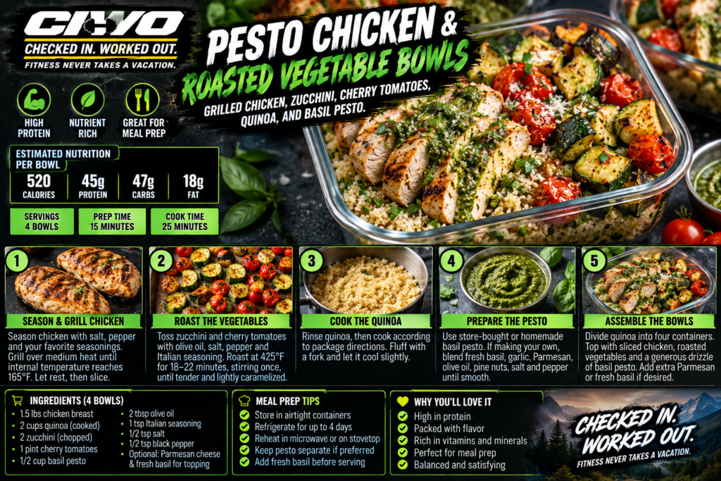 CIWO pesto chicken and roasted vegetable meal prep bowls with grilled chicken, zucchini, cherry tomatoes, quinoa and basil pesto