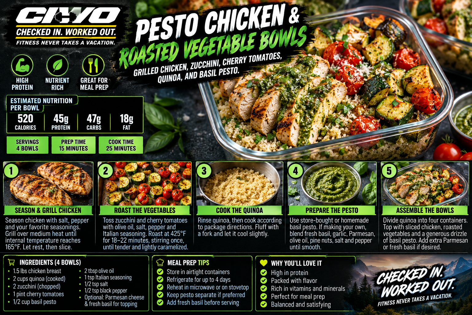 CIWO pesto chicken and roasted vegetable meal prep bowls with grilled chicken, zucchini, cherry tomatoes, quinoa and basil pesto