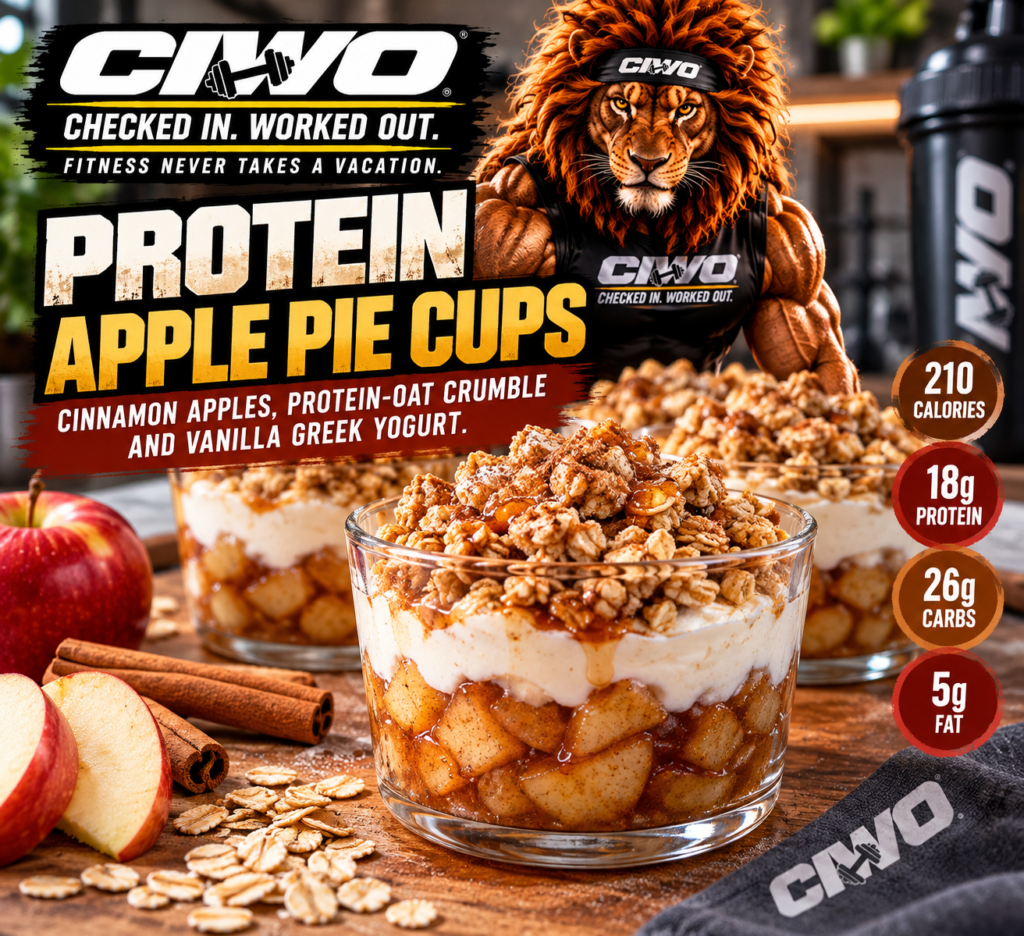 CIWO Protein Apple Pie Cups with cinnamon apples, vanilla Greek yogurt, protein oat crumble and RIPP the Lion
