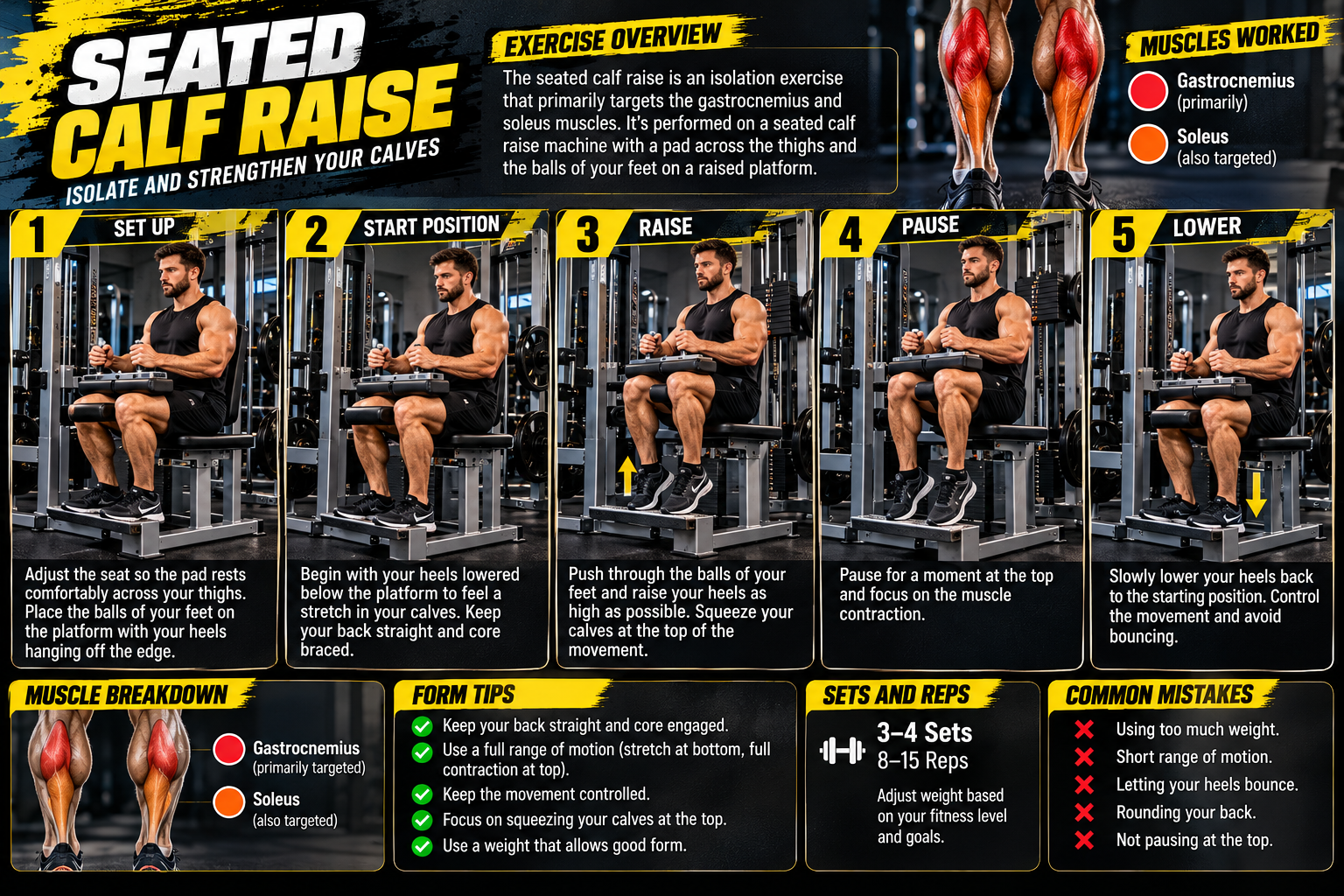 Human athlete demonstrating seated calf raise technique in a five-step exercise guide